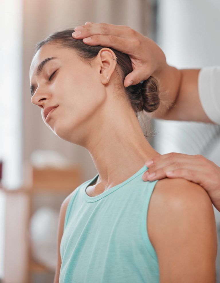 Neck pain, physical therapy and woman with a physiotherapist for a consultation, massage and medica